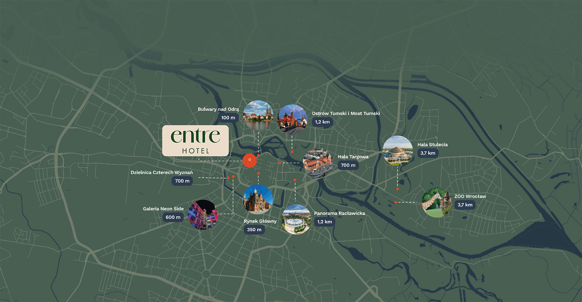 Mapa lokalizacji Entre Hotel we Wrocławiu z odległościami do najważniejszych atrakcji miasta, m.in. Rynku Głównego, Bulwarów nad Odrą, Ostrowa Tumskiego i Hali Targowej.